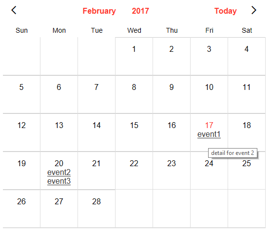 A calendar control with events defined using static JSON.